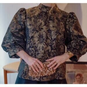 Vintage Worthington Metallic Cloque Blouse Puff Sleeves Regency Size Large